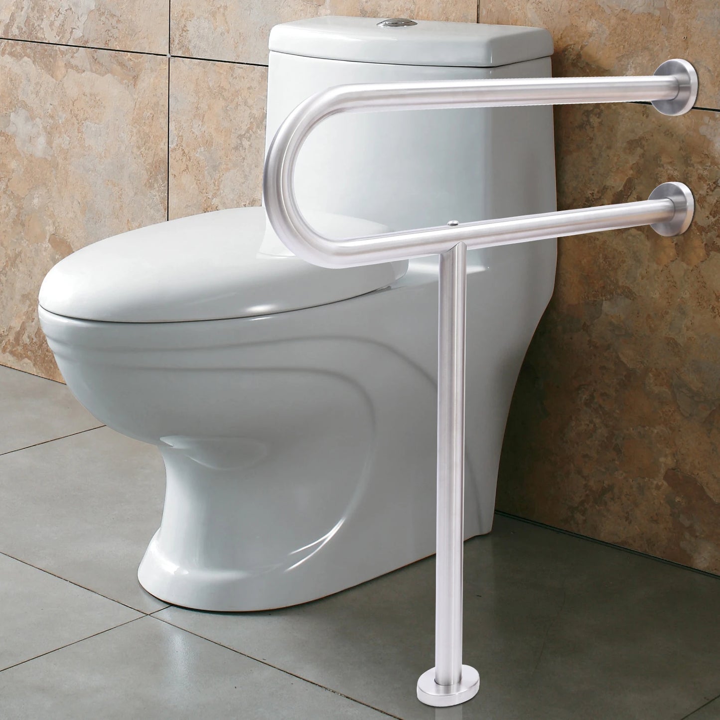 Toilet Safety Grab Bar with Floor Support – 75kg Capacity, Stainless Steel Rail (Wall Mounted, U.S. Shipping)