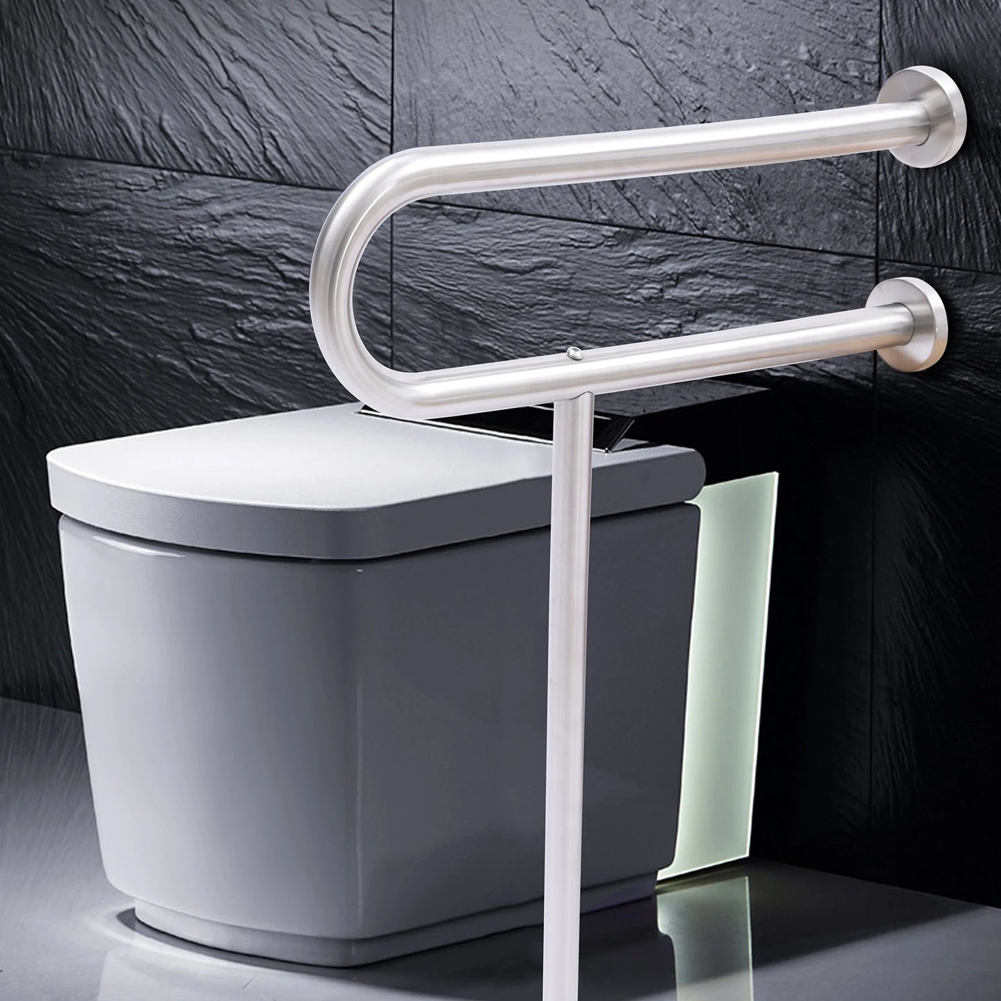 Toilet Safety Grab Bar with Floor Support – 75kg Capacity, Stainless Steel Rail (Wall Mounted, U.S. Shipping)