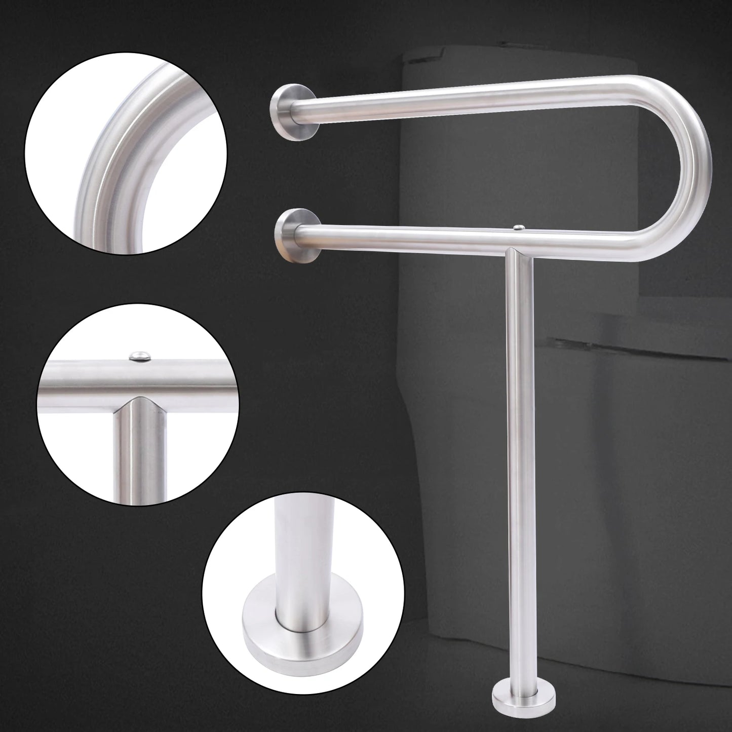 Toilet Safety Grab Bar with Floor Support – 75kg Capacity, Stainless Steel Rail (Wall Mounted, U.S. Shipping)
