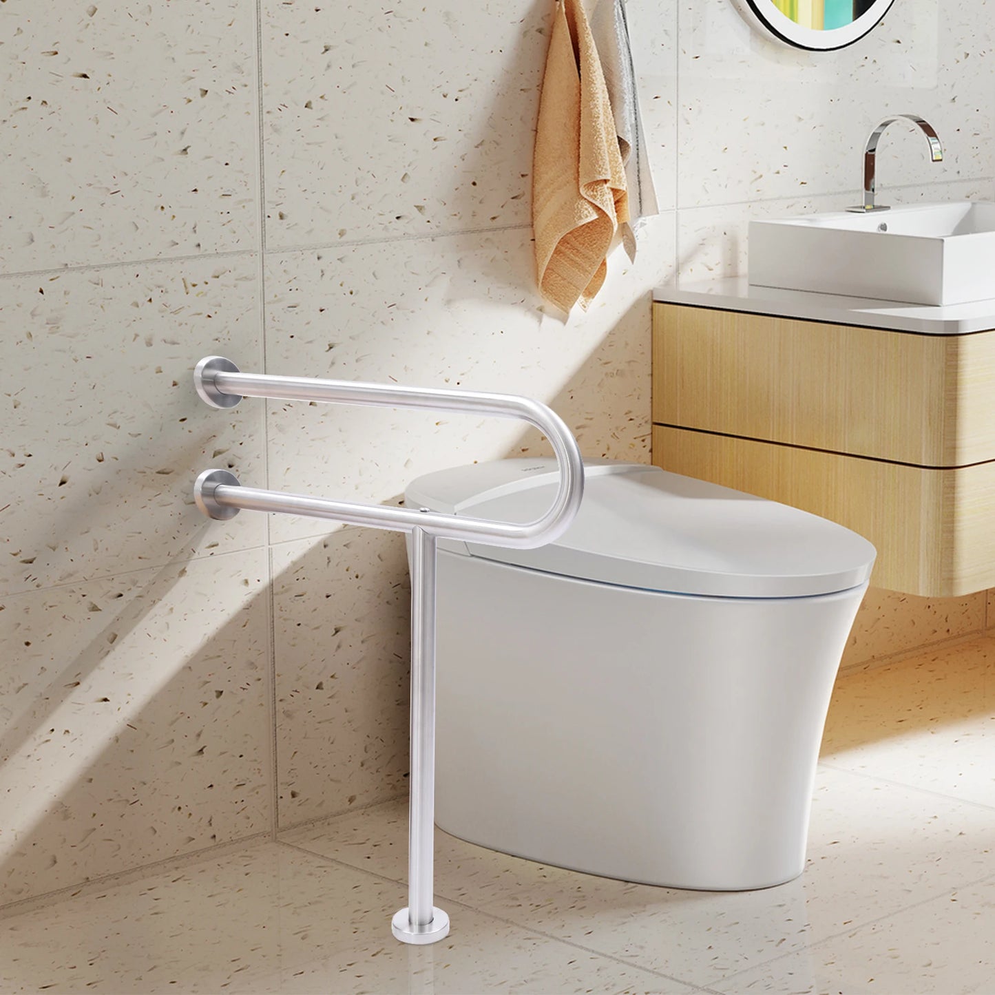 Toilet Safety Grab Bar with Floor Support – 75kg Capacity, Stainless Steel Rail (Wall Mounted, U.S. Shipping)