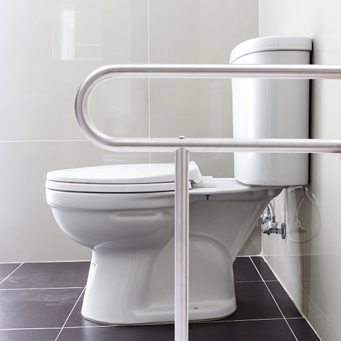 Toilet Safety Grab Bar with Floor Support – 75kg Capacity, Stainless Steel Rail (Wall Mounted, U.S. Shipping)