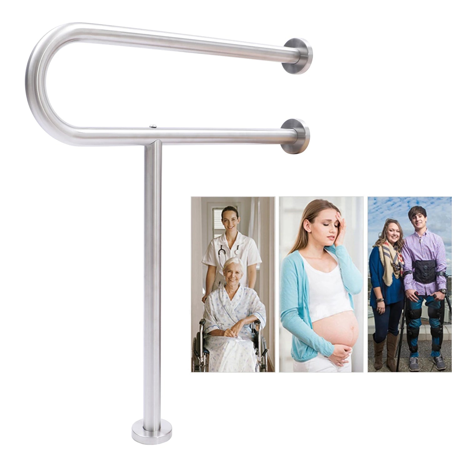 Toilet Safety Grab Bar with Floor Support – 75kg Capacity, Stainless Steel Rail (Wall Mounted, U.S. Shipping)