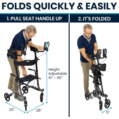 Upright Walker with Seat, for Seniors, Women - Stand Up Rollator, Arm Rests, Heavy Duty