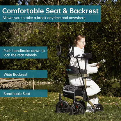 ELENKER All-Terrain Upright Walker with Seat – Posture Assist Rollator for Seniors.