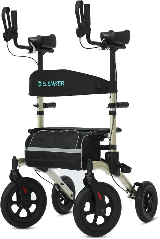 ELENKER All-Terrain Upright Walker with Seat – Posture Assist Rollator for Seniors.