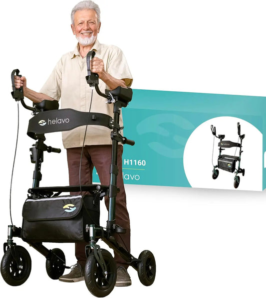 Helavo Upright Walker with Seat – All-Terrain Rollator for Seniors, Foldable & Adjustable
