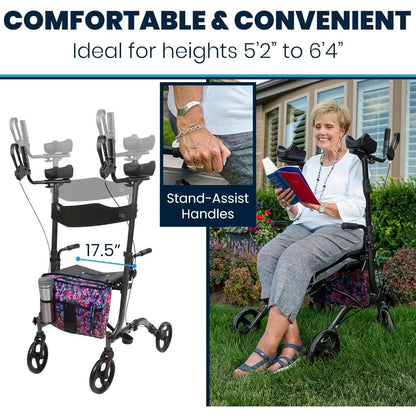 Upright Walker with Seat, for Seniors, Women - Stand Up Rollator, Arm Rests, Heavy Duty