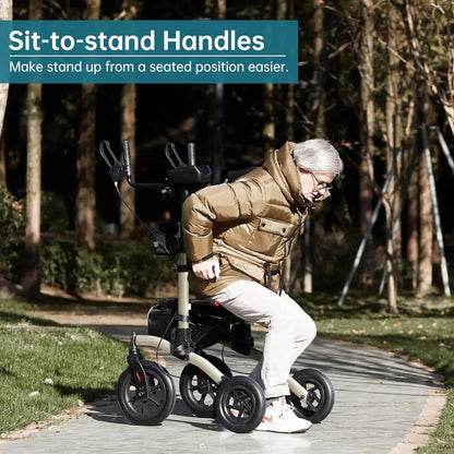 ELENKER All-Terrain Upright Walker with Seat – Posture Assist Rollator for Seniors.