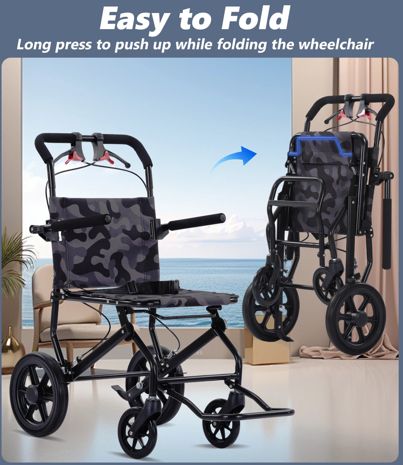 Adult Lightweight Folding Manual Wheelchair – Portable, Self-Propelled, 250 lb Capacity