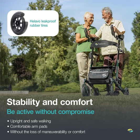 Helavo Upright Walker with Seat – All-Terrain Rollator for Seniors, Foldable & Adjustable