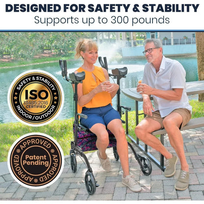 Upright Walker with Seat, for Seniors, Women - Stand Up Rollator, Arm Rests, Heavy Duty