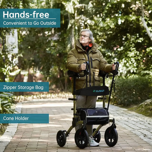 ELENKER All-Terrain Upright Walker with Seat – Posture Assist Rollator for Seniors.
